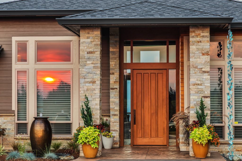 Home with wooden exterior door